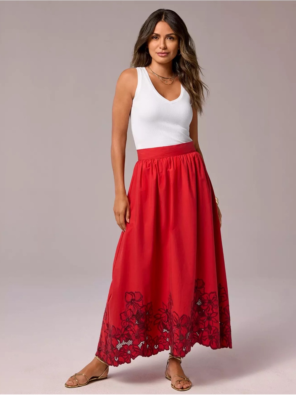 Boston Proper Red Maxi Skirt with Floral Cutwork Hem size 4 brand new